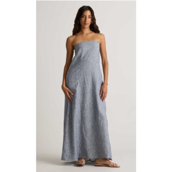 Quince Dresses & Skirts - Quince 100% European Linen Strapless Maxi Dress L Blue Stripe Coastal Hamptons